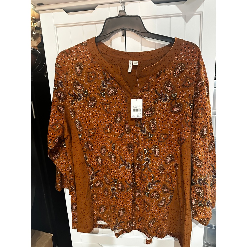 Cato Womens Rust Orange Paisley Polka Dot 3/4 Sleeve Knit Top Plus Size 22/24W